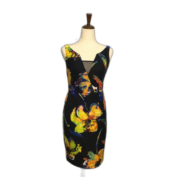 Milly Ella Black Yellow Floral Silk Sheath Dress Sz 4 - Picture 1 of 7